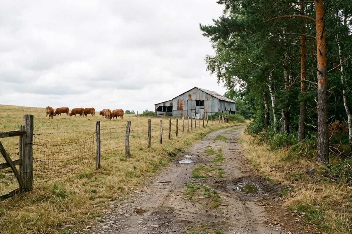 Chemin rural entre une pâture à vaches et une parcelle de pins et de bouleaux, avec un hangar agricole au fond
