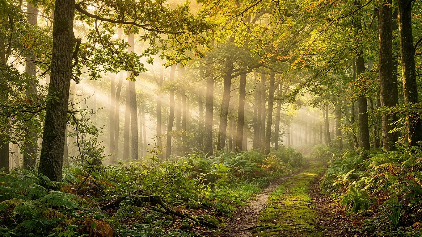 Forêt de feuillus au lever du jour
